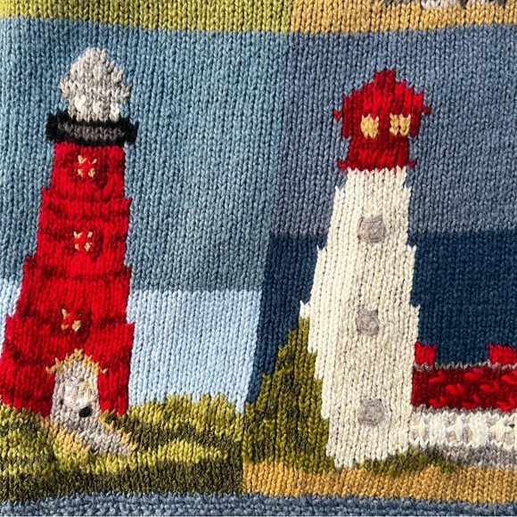 Rare Vintage Lighthouse Storybook Cardigan Blue Art Knit Wood Buttons M - Picture 5 of 9